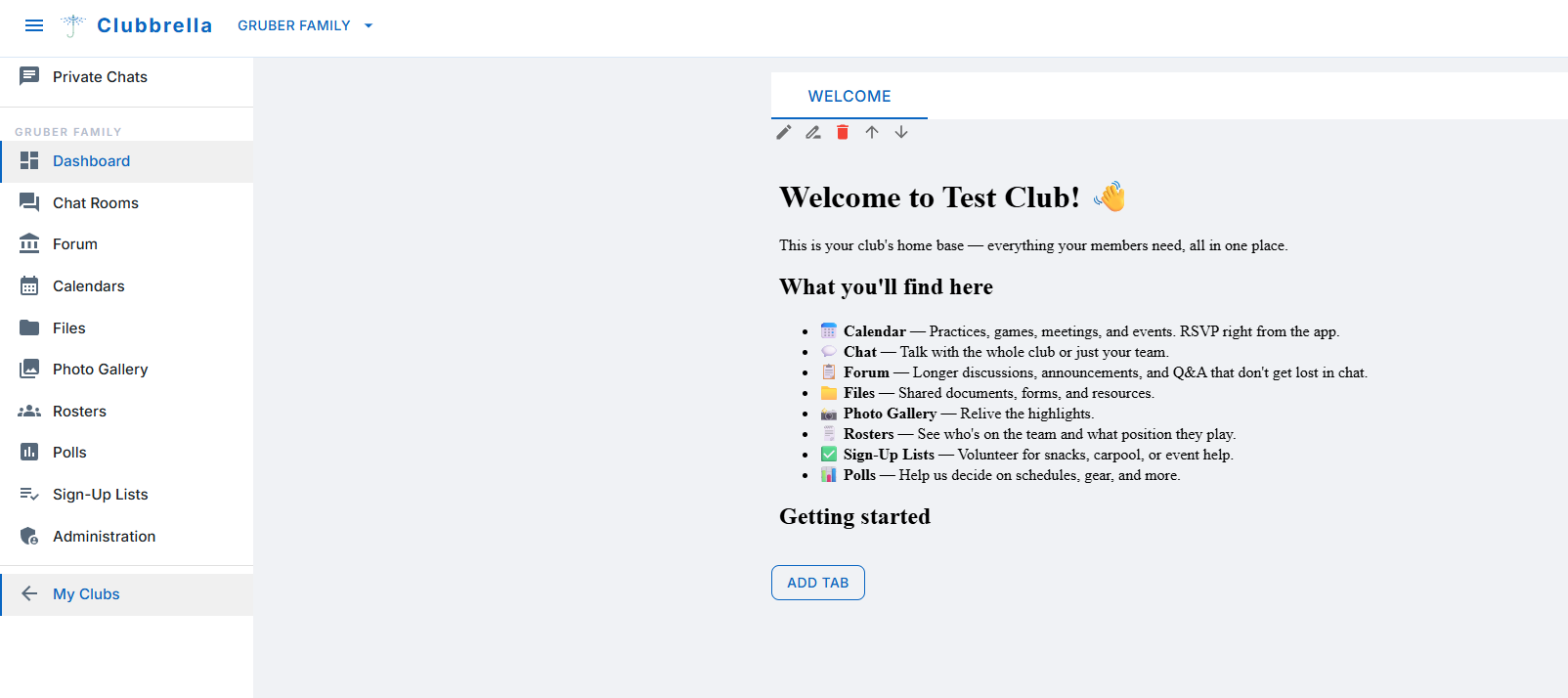 Clubbrella club dashboard showing the welcome tab and navigation sidebar